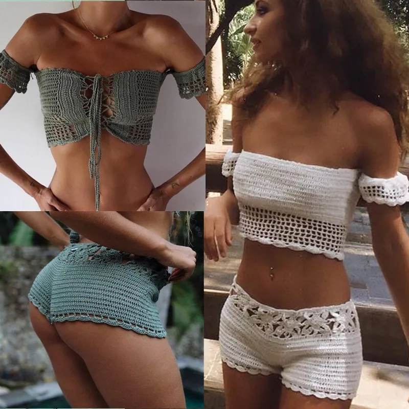 Женский пляжный комплект бикини Boho вязаный купальник в богемном стиле с