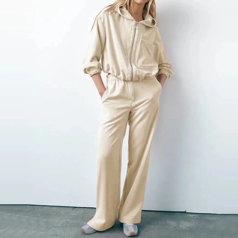 

WXWT Za Women Casual Solid Hooded Corduroy Jacket Coats With Elastic Waist Long Pants Ladies Tracksuits Sets OP9835