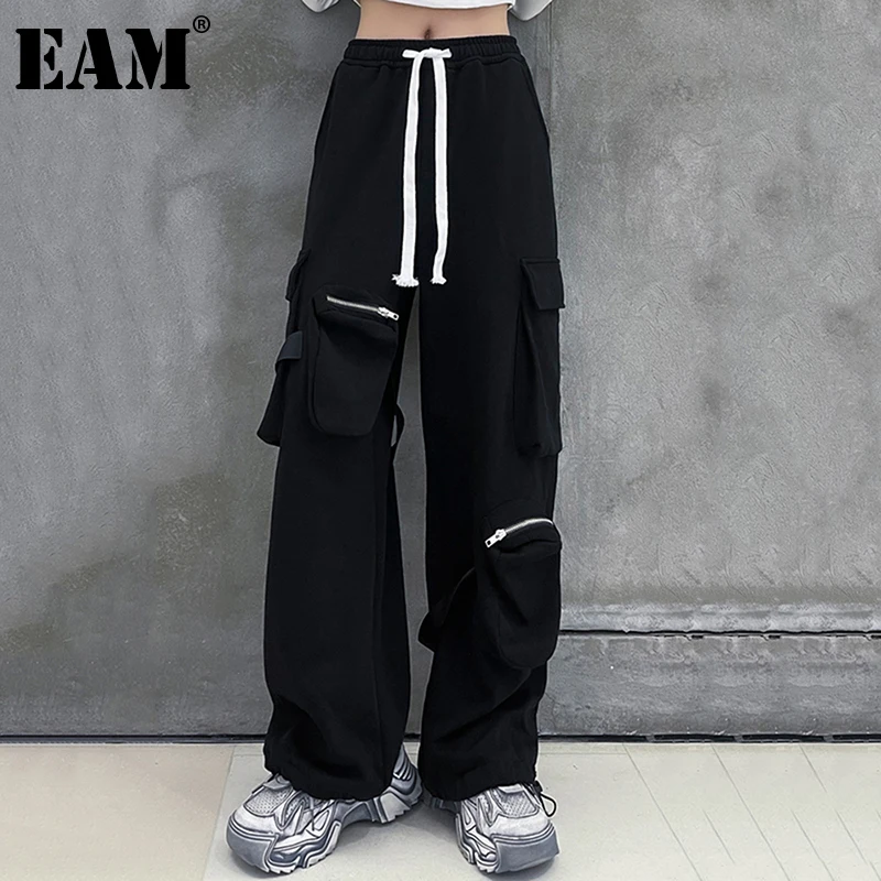 

[EAM] Черные длинные брюки с высокой эластичной резинкой на талии, на молнии, с карманами, с широкими штанинами, новые свободные женские брюки, ...