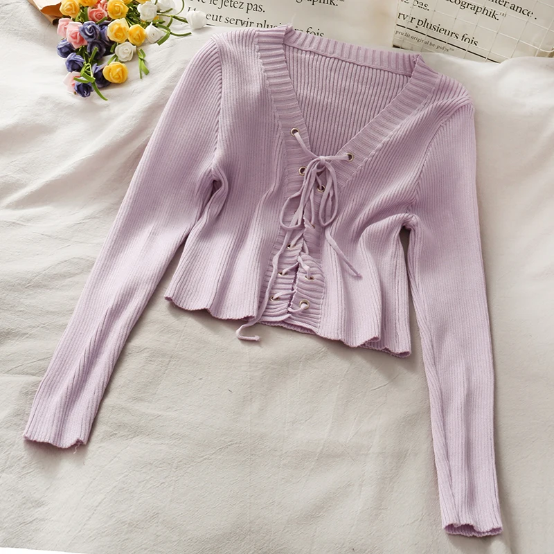 

Women Fashion Slim Bodycon Knitted Drawstring Long Sleeves Blouse Lady Sweet Casual Outdoor Top Girls Elegant Daily Basic Shirt