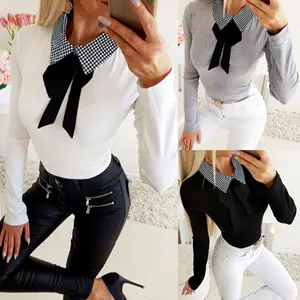 Сексуальные топы, элегантная рубашка с длинным рукавом, женская рубашка, однотонный отложной воротник, бант, длинный рукав, облегающая женская блузка