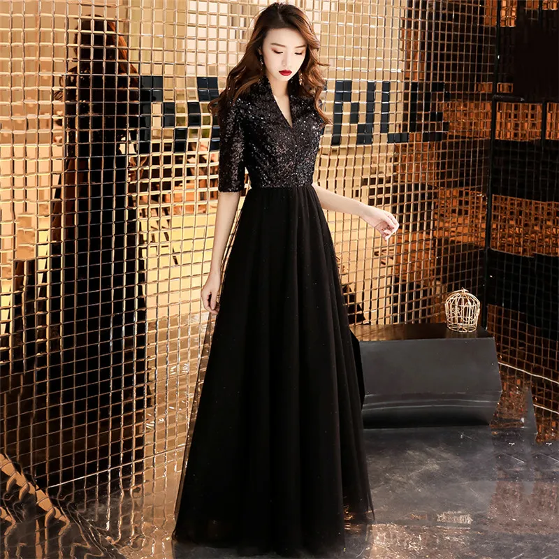 Черные вечерние платье темперамент Queen Белый блесток размера плюс длина до пола