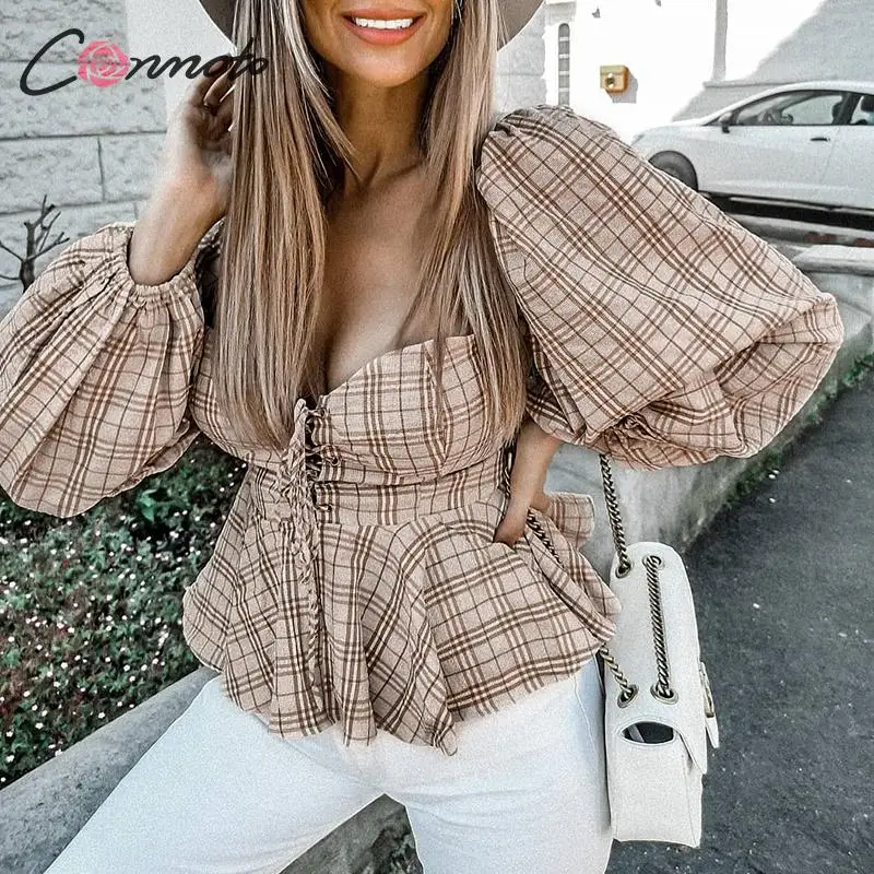 Женская винтажная блузка Conmoto элегантная повседневная в клетку на шнуровке с