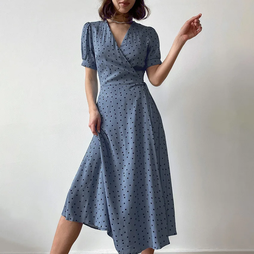 

Summer Women Long V Neck Dots Print High Waist Dress With Belt