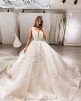 bling bling lace ball gown wedding dresses v neck cathedral train wedding bridal gowns robe de mariee
