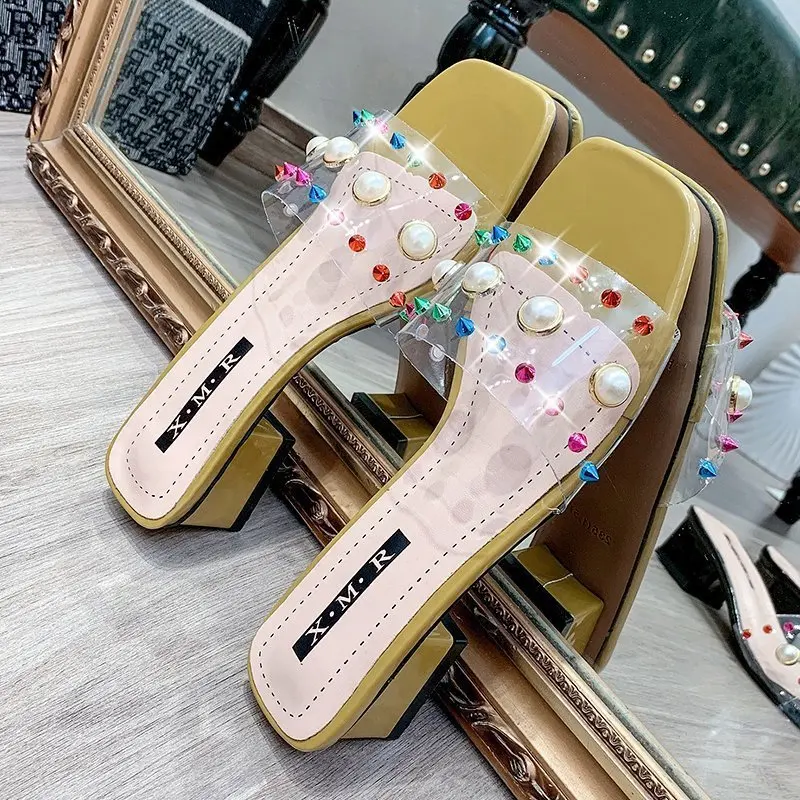 

String Bead Transparent Square heel High heels slippers women 2021 summer shoes woman Wild Open toe Sweet ladies shoes female