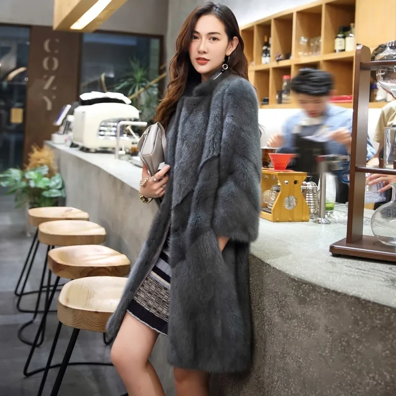 Luxury Top Brand Mink Fur Real Fur Womens Medium Length Overcoats Korean Stand Collar Nine Points Sleeve Female Outerwear Coats