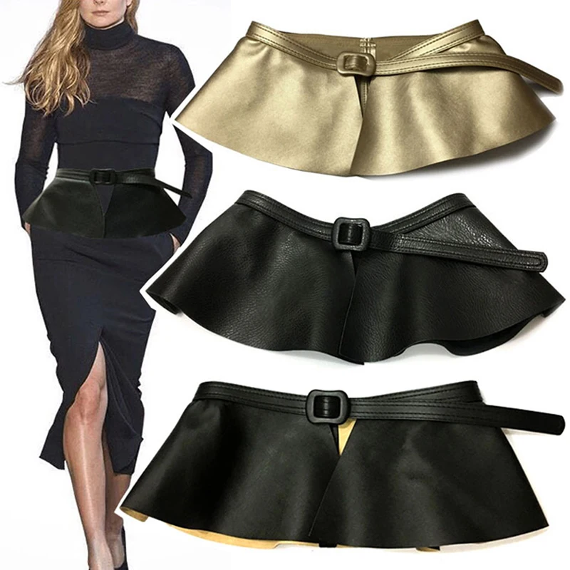 Womens Fashion Wide Gold Black Corset Belt Ladies Fashion Ruffle Skirt Peplum Waist Belts Cummerbunds for Women Dress