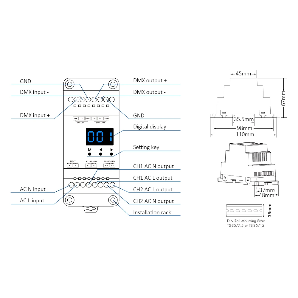 DMX512 светодиодный диммер 220V 230V 110V 2 канала затемнения AC симистор RDM DMX контроллер с