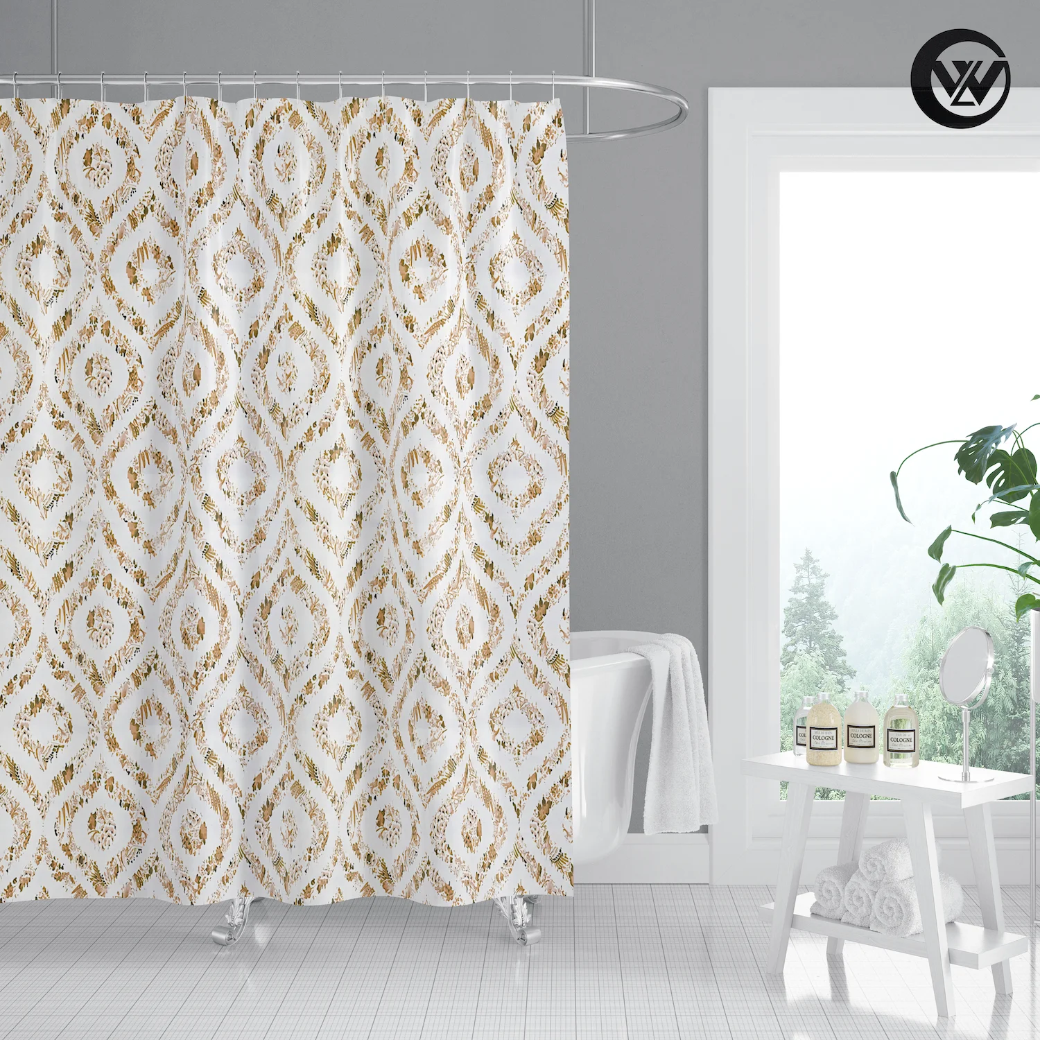 Mildew Resistant Printing Yellow Teardrop-Shaped Geometric Bathroom
Curtain, Eco Friendly 3D Waterproof Polyester Shower Curtain