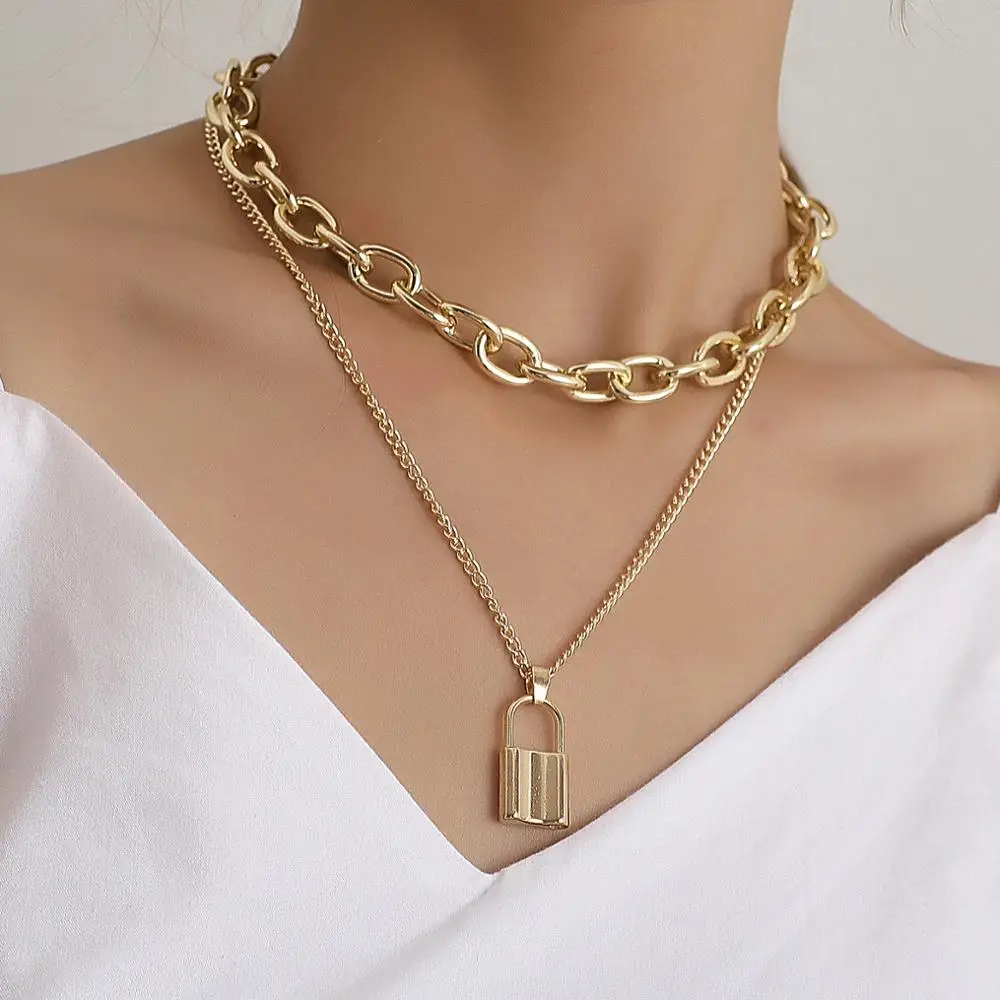 

Punk Rock Lock Pendant Necklace for Women Layered Gothic Steampunk Padlock Chunky Chain Choker Necklace Fashion Collar Jewelry