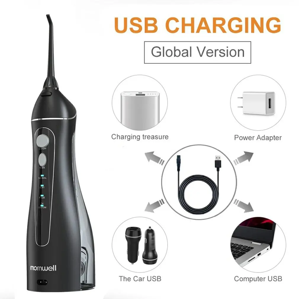 

Draagbare Monddouche Met Reistas Water Flosser Usb Oplaadbare 5 Nozzles Waterstraal 200Ml Water Tank Waterdicht