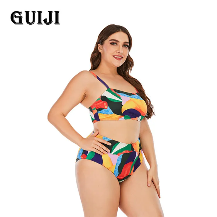 

【GUIJI】Ready Stock 2021New Style big size Graphic print high waist sexy bikini split plus fat swimsuit Female bikini Free Shippi