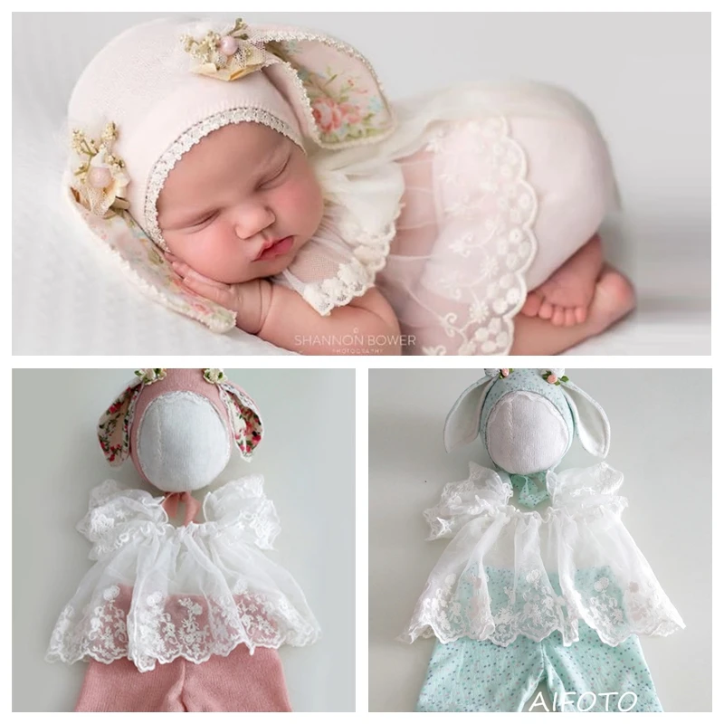 

Newborn Photography Props Baby Twin Girls Outfits Hat Bunny Bonnets Set Clothes Fotografia Accessories Studio Shoots Bebes Photo