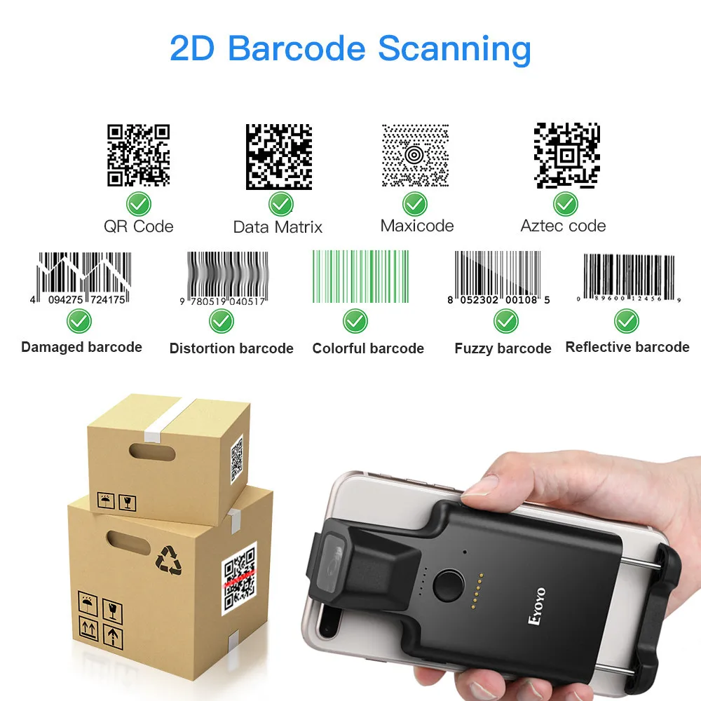 Портативный сканер штрих-кодов Eyoyo 2D Bluetooth 1D UPC-A CODE39 беспроводной считыватель для
