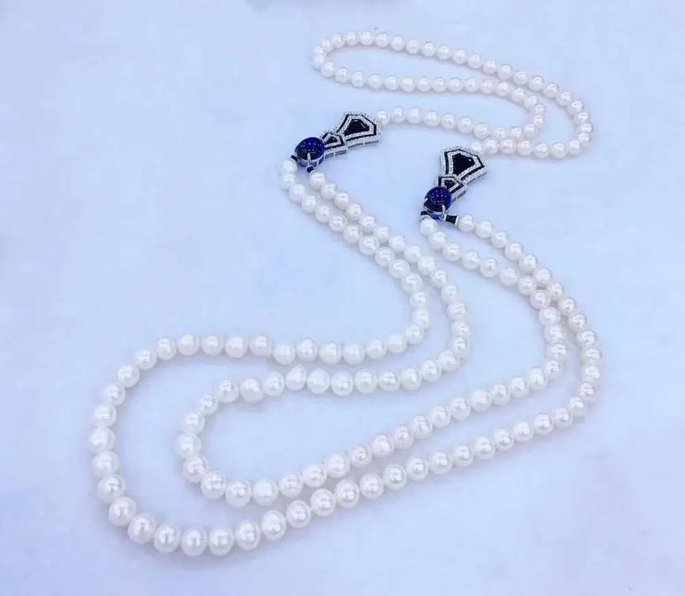 

Hand knotted 100-110cm 7-8mm white freshwater pearl blue micro inlay zircon accessories necklace
