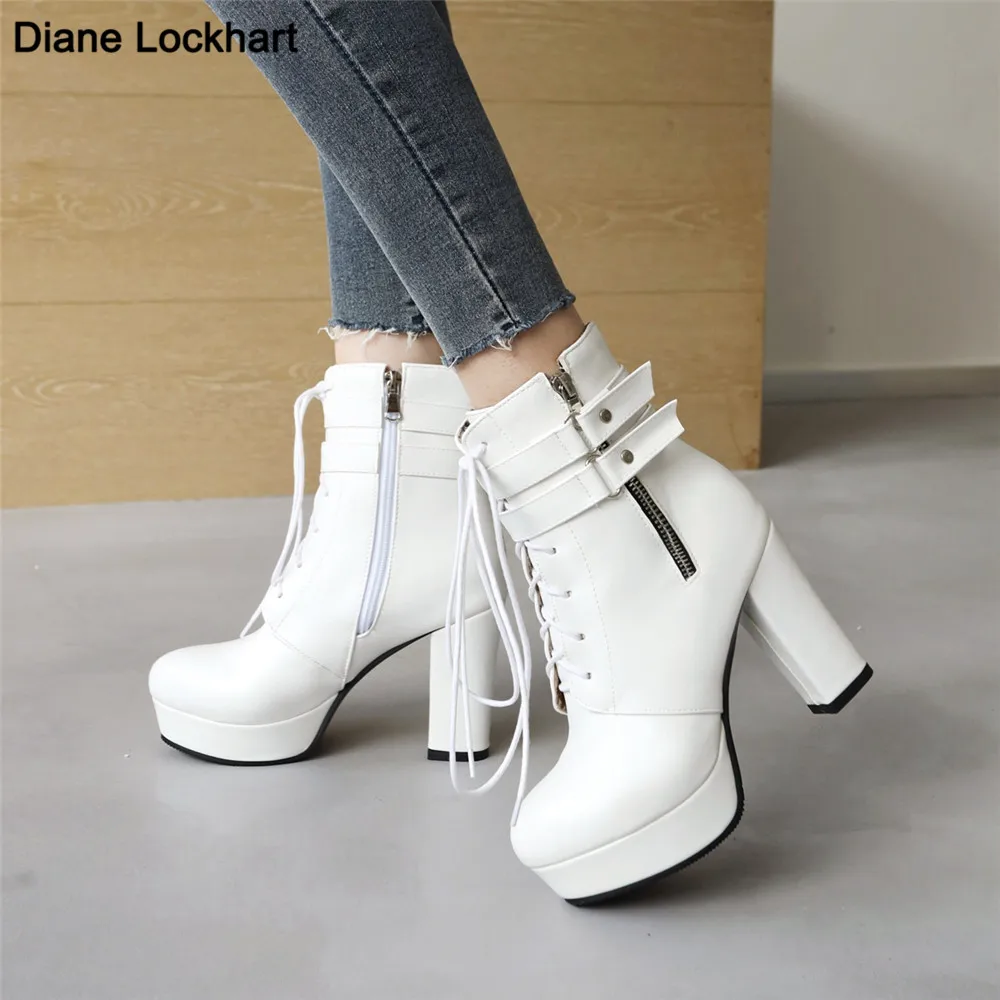 

High Heels Women Ankle Boots Lace Up Fall Winter Platform Zip Ladies Boots Round Toe Fashion Shoes White Black Beige Pink 32-43