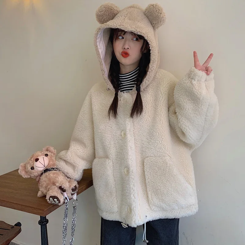 Vintage Winter Sweet Girl Cartoon Bear Ear Hooded Pocket Kawaii Coat Women Single-Breasted Keep Warm Thicken Lambswool Outerweat
