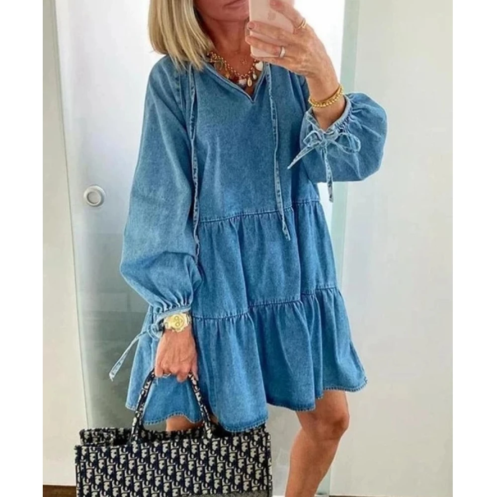 

Lugentolo Denim Dress Women Long Sleeve Solid 2020 Summer Fashion Big Swing High Waist V-neck Loose Casual Midi Dress