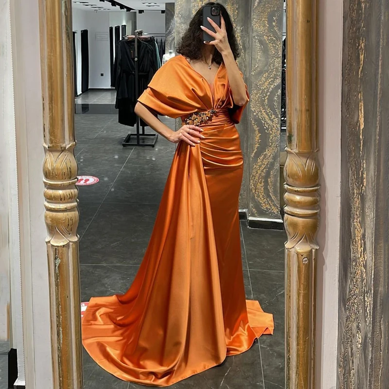 

Thinyfull Sexy Prom Dresses 2022 V-neck Mermaid Evening Dress Floor Length Beadings Saudi Arabia Cocktail Party Gowns Plus Size