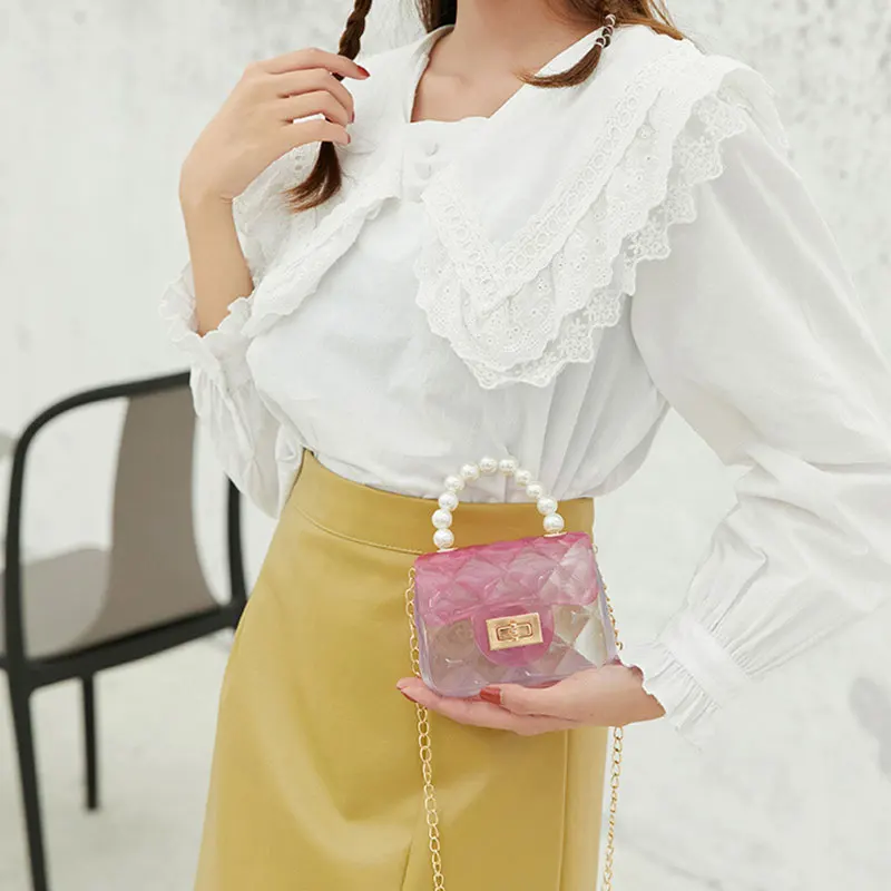 

Transparent Jelly Bag Pearl Tote For Women PVC Mini Fashion Bag Zipper Chain Female Shoulder Messenger Bag 2021 New Wholesale