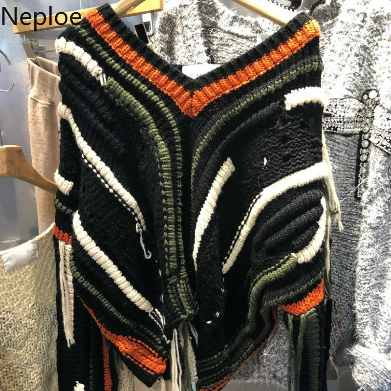 Neploe, корейский дизайн, v-образный вырез, пэчворк, толстый, Pull Femme, Elagant, вязаный свитер с кисточками, женский осенне-зимний пуловер, 46473
