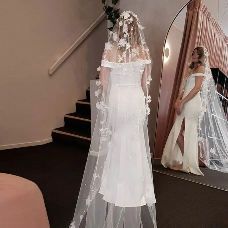 Однослойная свадебная фата с жемчугом 3D Цветочная Кружевная аппликация