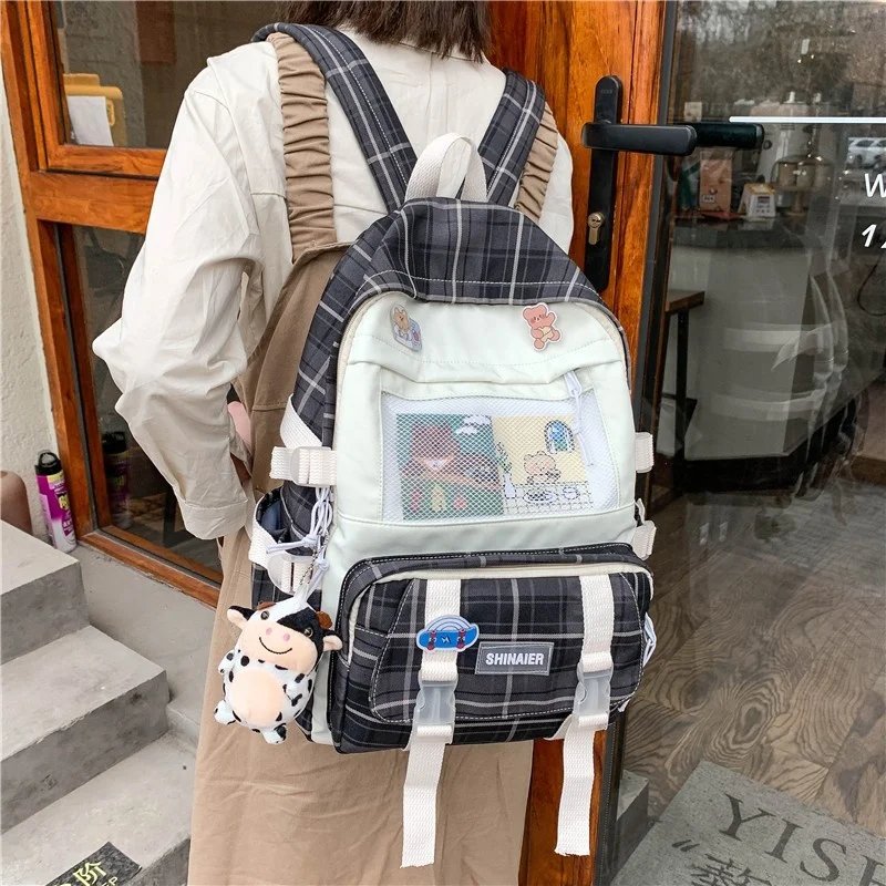 

Summer New School Backpack Simple Casual Lattice Backpacks For Women Large-capacity Waterproof Travel Backpacks