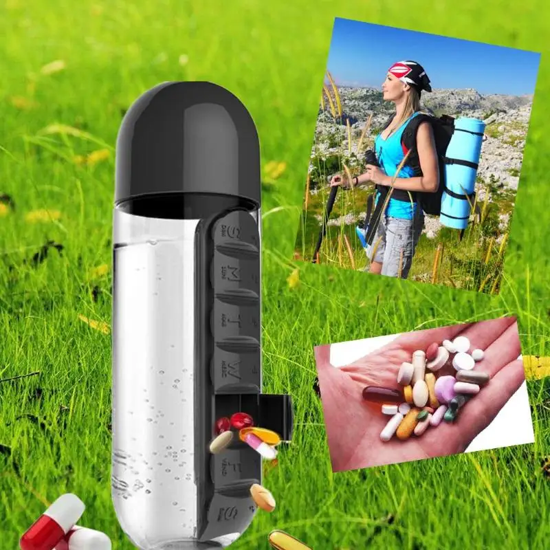

600ml Water Bottle With Creative Pill Cup 7th Pill Box Storage Box Plastic Leak-Proof Drinking Bottle