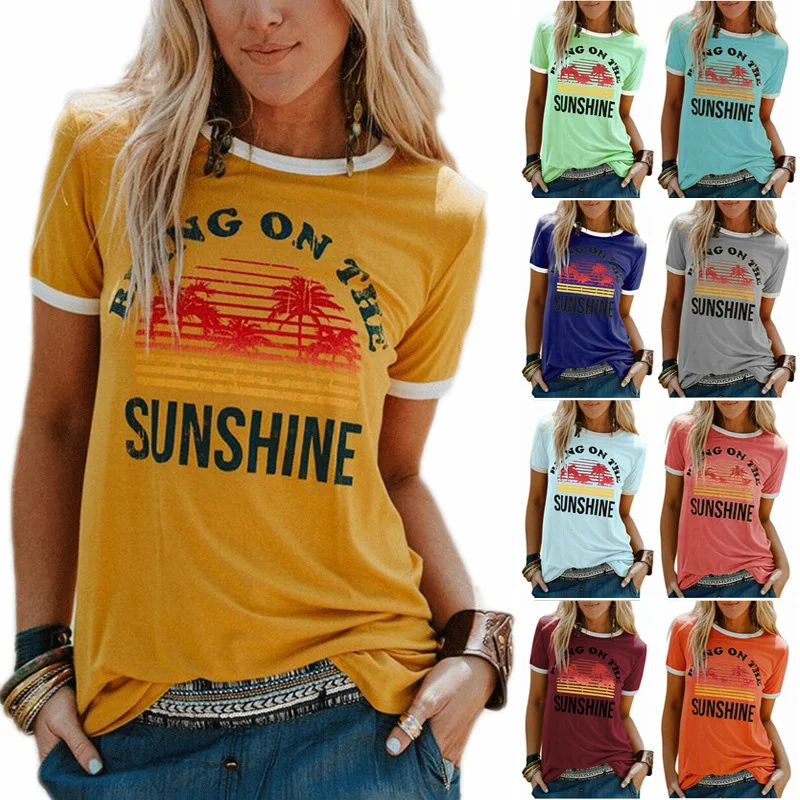 

Women Summer Tops Letter Sunshine Pattern Printed Round Neck Short Sleeve Casual Tops T-shirt for Holiday Summer Beach -