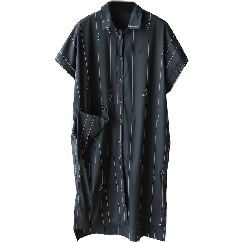 LANMREM Полосатое свободное женское платье с отворотом коротким рукавом и большим