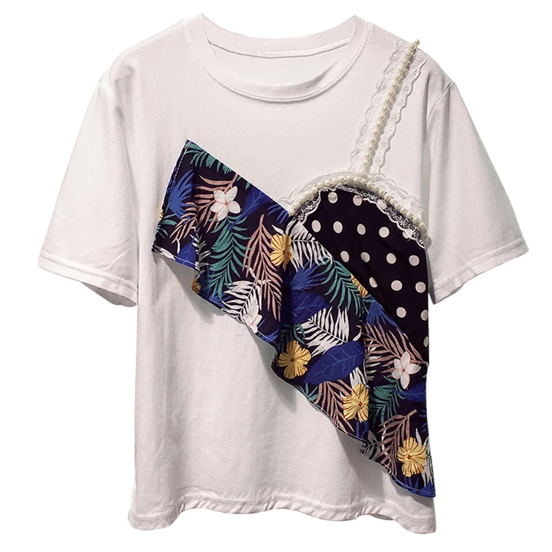 

Women T Shirt Bead Printing Fake Two-piece Short Sleeve T-shirt Female 2020 Summer Loose Casual T-shirt Plus Size