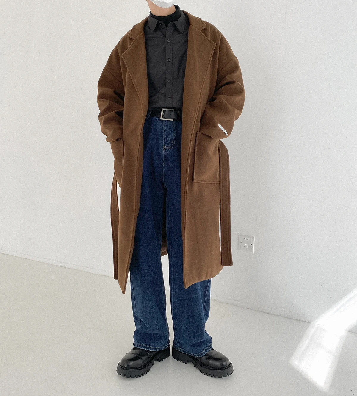 

Плотное шерстяное пальто с драпировкой, Мужская свободная ветровка средней длины, осенне-зимняя куртка в стиле ретро, корейский тренд