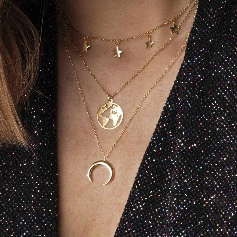 

2023 Cute Woman Necklace Gold Jeweler Gothic Personalized Alloy Star Moon Map Multi-Layer Necklace Korean Fashion Collar Joyero