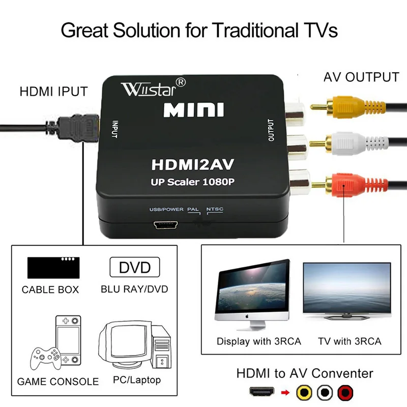 Композитный видео AV конвертер с MINI HDMI на 3RCA CVBS адаптер для ТВ PS3 VHS VCR DVD