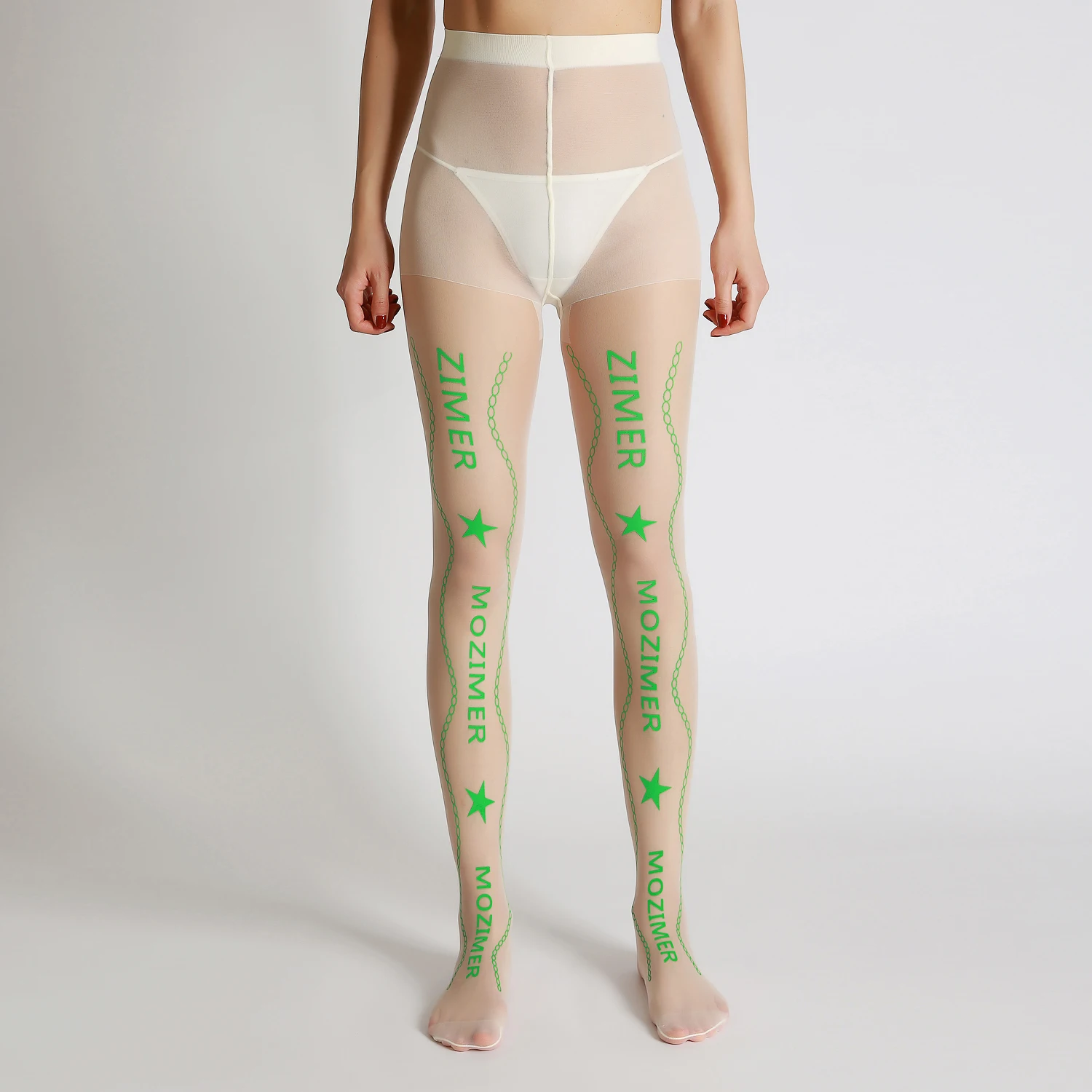 

Новые пикантные дизайнерские французские пикантные колготки Mozimer с зелеными буквами прозрачные колготки женские белые тонкие чулки