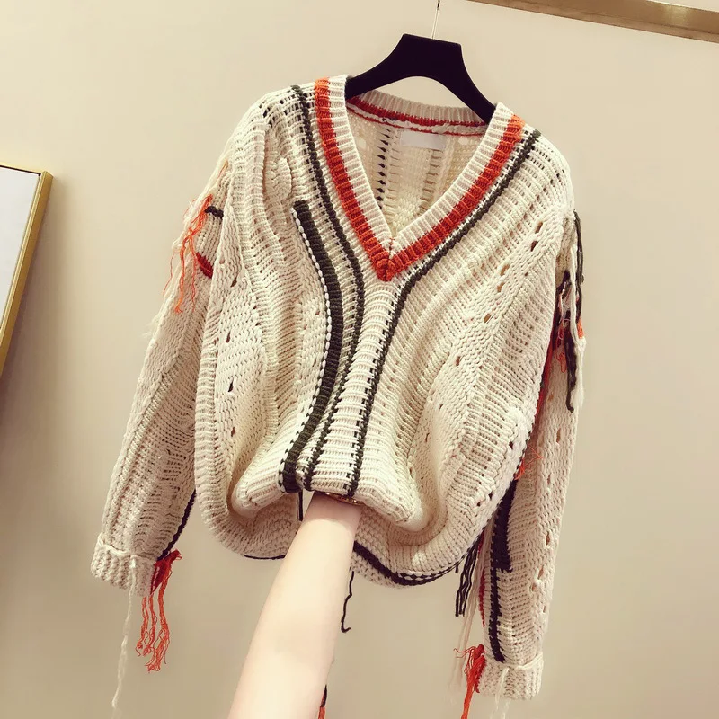 Neploe, корейский дизайн, v-образный вырез, пэчворк, толстый, Pull Femme, Elagant, вязаный свитер с кисточками, женский осенне-зимний пуловер, 46473