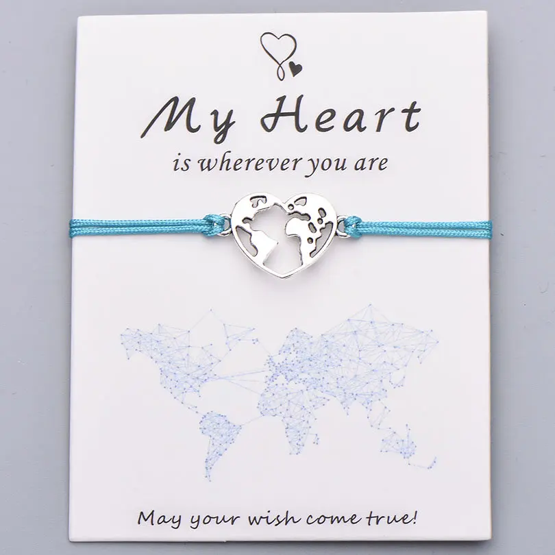 Turquoise with card Pipitree Lucky My Heart карта мира браслет ручной работы регулируемая красная струна Очаровательные Браслеты Wish ювелирные изделия подарок для женщин мужчин влюбленных - Окраска металла: Turquoise with card