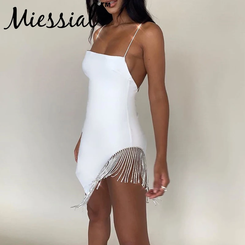Miessial сексуальное Белое платье с кисточками для женщин на тонких бретелях мини