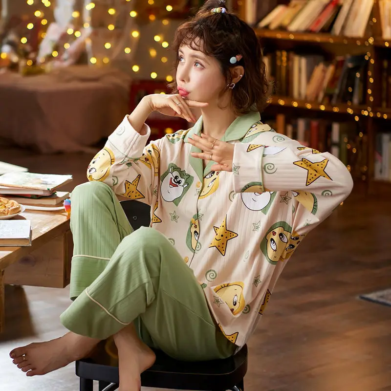 Pajamas Women Spring and Autumn Cotton Long-sleeved Lapel Suit Sweet and Cute Cartoon CasualInsWindCanWearOutsideTheHomeClothing