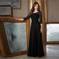 2020 new elegant black lace scoop neckline mother of the bride dresses with three quarter sleeves chiffon wedding guest gowns
