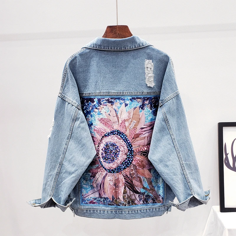 

2021 Streetwear Style Print Women's Jacket Coat Hole BF Jeans Outwear Female Spring Autumn Casual Loose Cowboy Outwear