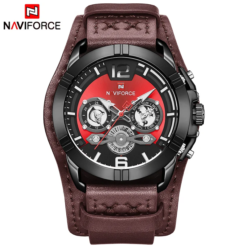 NAVIFORCE мужские часы водонепроницаемые кожаные кварцевые Календарь военные