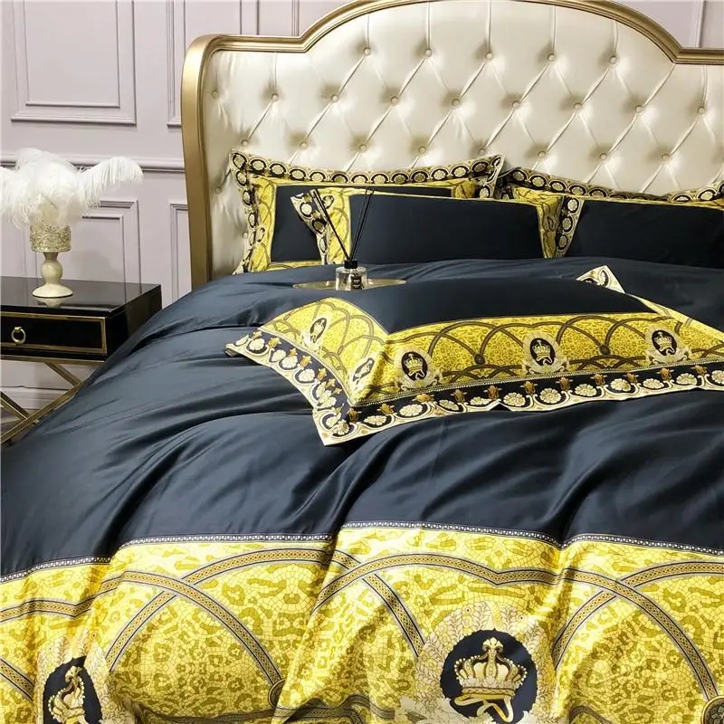 

800TC Cotton Back Gold Crown Patchwork Duvet Cover set Luxury Premium Soft Bedding Set Bed sheet Pillowcase Queen King size 4Pcs