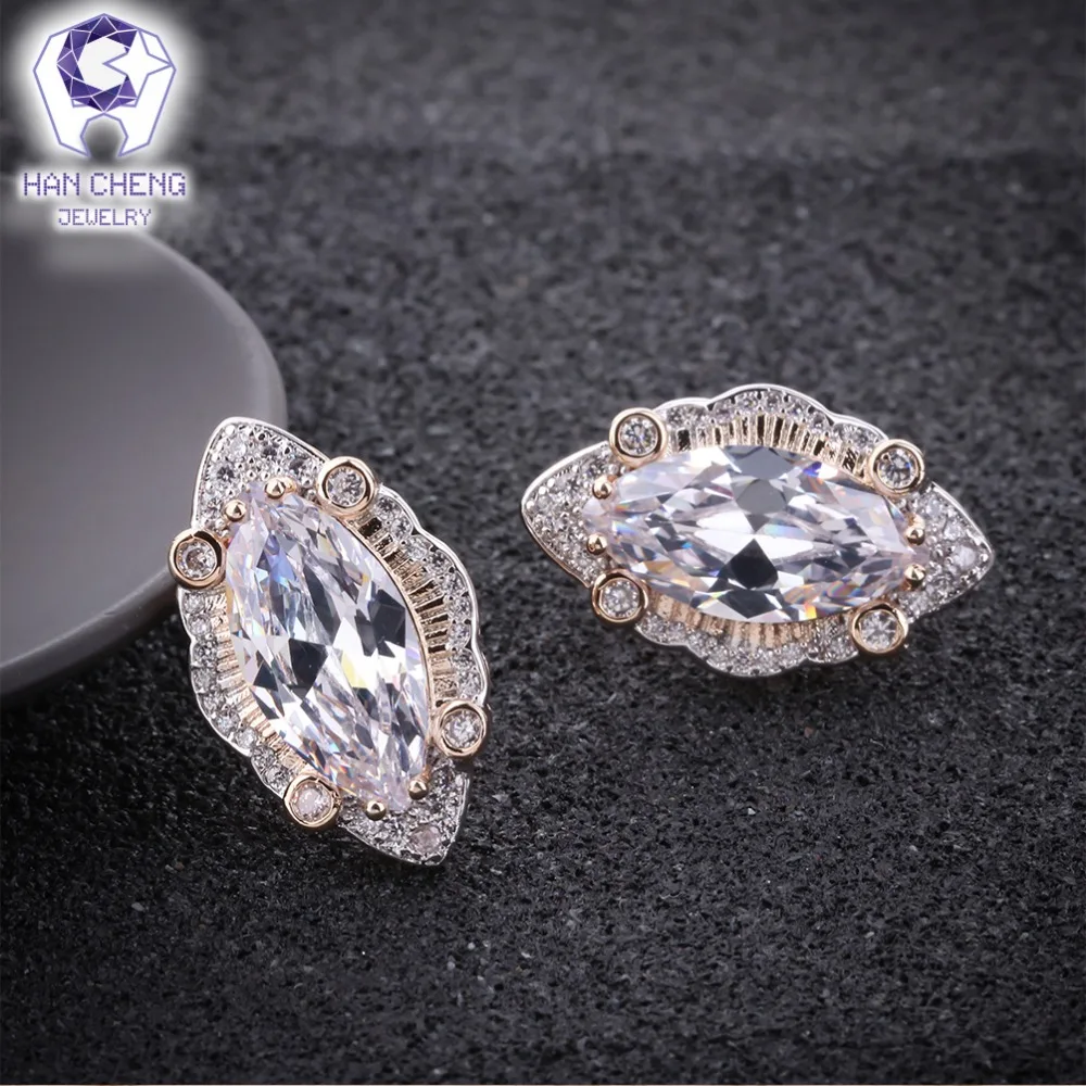 HanCheng New Fashion Luxury Leaf Copper Golden Zircon CZ Gem Stone Plated Silver Stud Earrings For Women Jewelry brincos bijoux