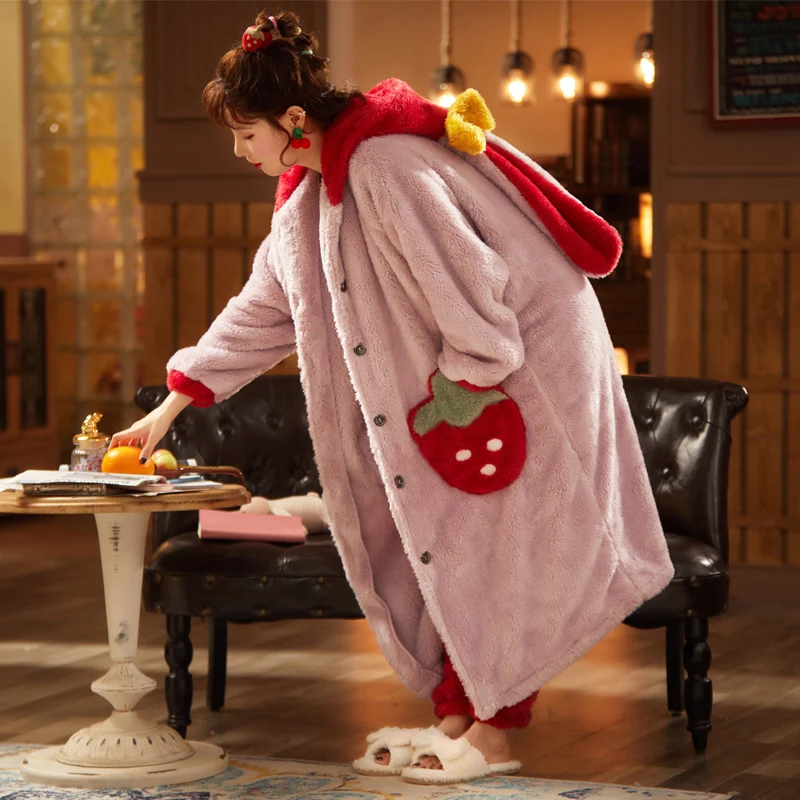 Women Sleepwear Plus Size Medium Style Winter Pajamas Set Loose Version Keep Warm Intensification Pyjamas Plush Nightgown Hooded