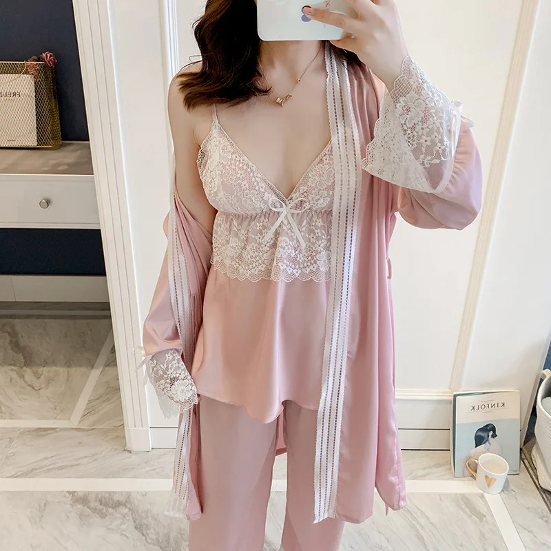 

Satin Silk Pajamas Sets Womens Lace Satin Pjs Set V-Neck Silk Wear Home Nightwear Kimono Sleep Robe Bath Gown With Chest Pads
