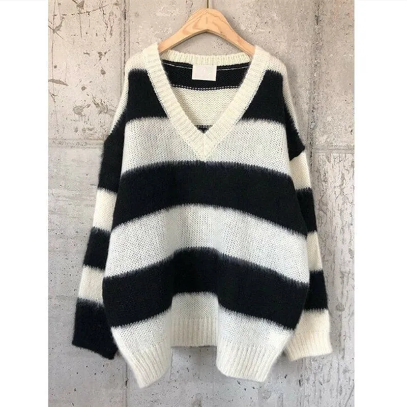 Женский свитер в белую и черную полоску WSYORE свободный трикотажный пуловер с