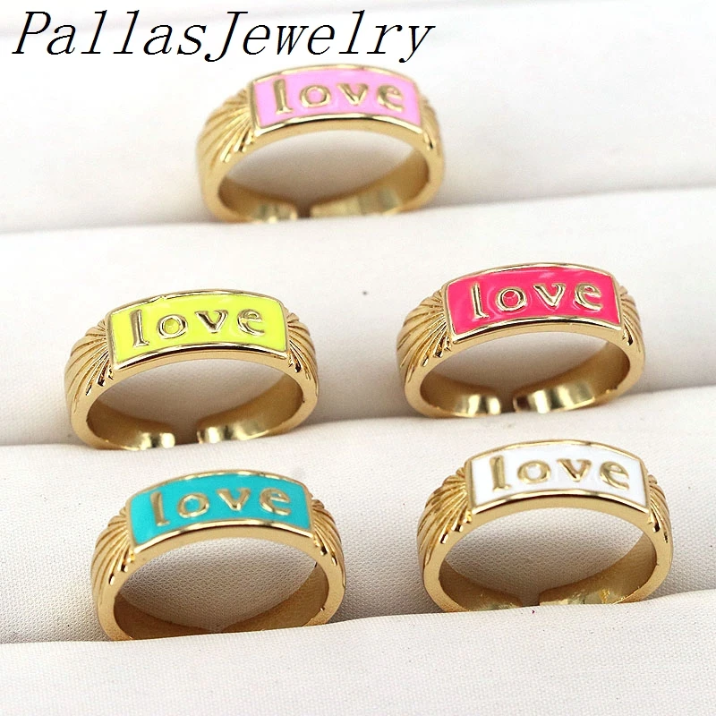 

10Pcs Gold Plated Colorful Dripping oil Open Adjustable Size Enamel Love Rings For Women Fashion Jewelry Party Supplies