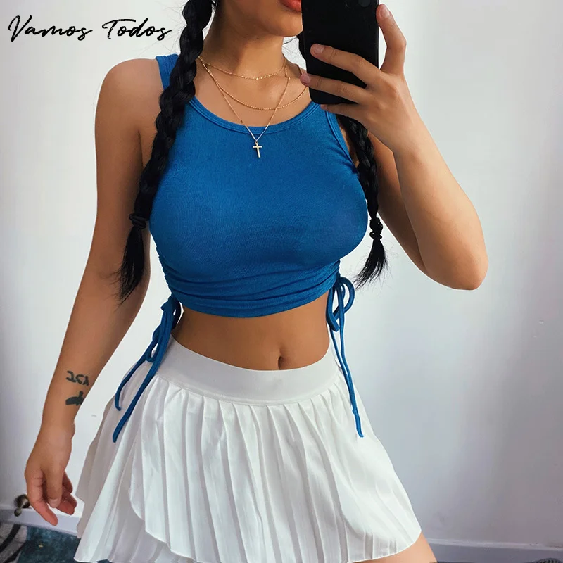 

Vamos Todos 2021 Summer Solid Crop Tank Top Women Knitted Side Shirring Crop Top For Women Casual Cute Sexy Top Mujer Verano